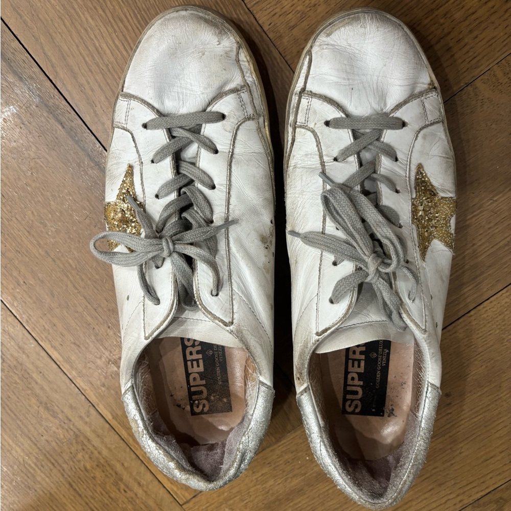 Golden Goose White Leather Sneakers with Gold Glitter Star - Women